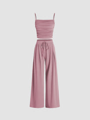 Square Neck Ruched Top & Elastic Waist Trousers Matching Set