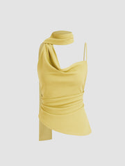 Halter Ruched Cami Top With Scarf & Petite Mid Rise Solid Wide Leg Trousers With Belt