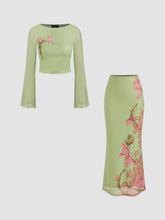 Mesh Floral Lettuce Trim Crop Top & Mid Rise Ruffle Maxi Skirt Set