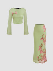 Mesh Floral Lettuce Trim Crop Top & Mid Rise Ruffle Maxi Skirt Set