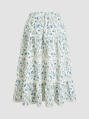 Mid Rise Floral Ruffle Hem Maxi Skirt Curve & Plus