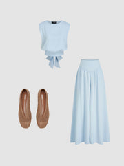 BRAIDED FLATS & SATIN ROUND NECKLINE SOLID KNOTTED TOP & MID RISE POCKET WIDE LEG TROUSERS SET