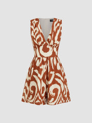 V-neck Abstract Pocket Zipper Romper