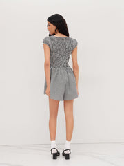 Cotton-blend V-neck Gingham Shirred Puff Sleeve Romper