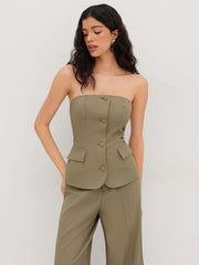Strapless Button Wide Leg Jumpsuit