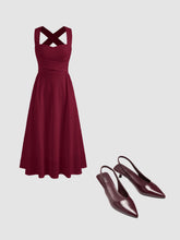 Square Neck Solid Criss Cross Ruffle Midi Dress & Metallic Pointed Toe Slingback Kitten Heels