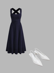Square Neck Solid Criss Cross Ruffle Midi Dress & Metallic Pointed Toe Slingback Kitten Heels