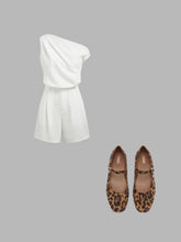 Asymmetrical Neck Solid Pleated Romper & LEOPARD PRINT SUEDE MARY JANE FLATS