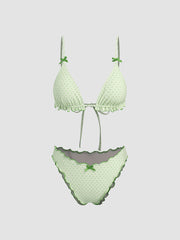 V-neck Polka Dot Lettuce Trim Bowknot Halter Bikini Set