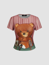 Cotton-blend Bear Graphic Stripe Short Sleeve Tee