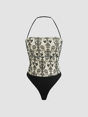 Mesh Halter Neckline Floral Cut Out Bodysuit