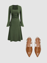 Ruched Solid Cami Maxi Dress & Solid Long Sleeve Shrug & POINTED SLINGBACK FLATS