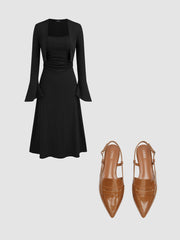 Ruched Solid Cami Maxi Dress & Solid Long Sleeve Shrug & POINTED SLINGBACK FLATS