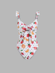 Shaping V-neck Fruit Polka Dot Cut Out One Piece Swimsuit