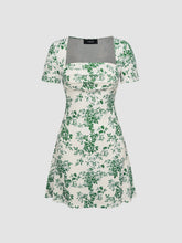 Square Neck Toile de Jouy Ruched Mini Dress