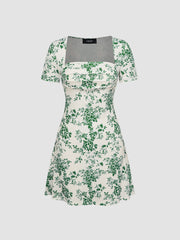 Square Neck Toile de Jouy Ruched Mini Dress