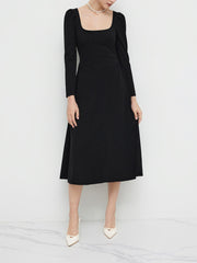 Square Neck Solid Ruffle Zipper Long Sleeve Midi Dress