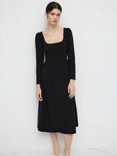 Square Neck Solid Ruffle Zipper Long Sleeve Midi Dress