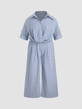 Cotton-blend Collar Striped Knotted Roll-up Sleeve Jumpsuit Curve & Plus