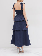 Jacquard Scoop Neckline Solid Bowknot Layered Maxi Dress