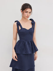 Jacquard Scoop Neckline Solid Bowknot Layered Maxi Dress