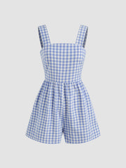 100% Cotton Square Neck Gingham Bowknot Romper