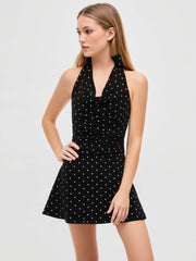 Cotton-blend Halter Cowl Neck Polka Dot Knotted Mini Dress