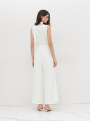 V-neck Lace Trim Wide Leg Jumpsuit With Scarf