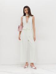 V-neck Lace Trim Wide Leg Jumpsuit With Scarf
