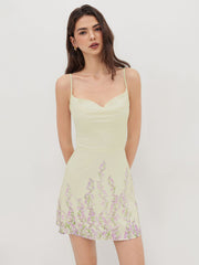 Cowl Neck Floral Lace Up Mini Dress