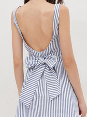 Cotton-blend Boat Neck Stripe Bowknot Backless Mini Dress