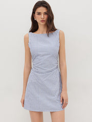 Cotton-blend Boat Neck Stripe Bowknot Backless Mini Dress