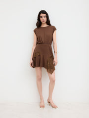 Round Neckline Lace Patchy Ruffle Hem Ruched Mini Dress