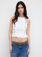 Cotton Halter Neckline Floral Shirred Ruffle Hem Lace Trim Tank Top