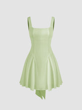 Satin Square Neck Solid Ruffle Knotted Mini Dress