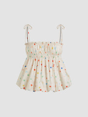 Cotton Polka Dot Lettuce Trim Shirred Bubble Hem Cami Top
