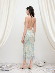 Sequin Backless Ditsy Floral Lace Up Knotted Maxi Dress
