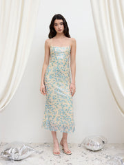 Sequin Backless Ditsy Floral Lace Up Knotted Maxi Dress