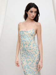 Sequin Backless Ditsy Floral Lace Up Knotted Maxi Dress