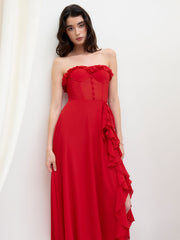 Chiffon Bandeau Corset Lace Up Ruffle Hem Split Maxi Dress
