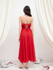 Chiffon Bandeau Corset Lace Up Ruffle Hem Split Maxi Dress