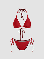 Rib Fabric Halter Neckline Knotted Tie Side Bikini Set With Sarong