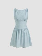 Cotton Boat Neck Backless Knotted Shirred Mini Dress