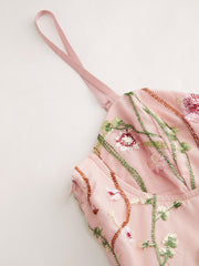 Sweetheart Neckline Floral Embroidery Mesh Maxi Dress