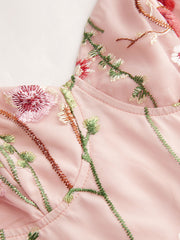 Sweetheart Neckline Floral Embroidery Mesh Maxi Dress