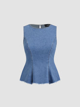 Stretch Denim Round Neckline Pleated Top