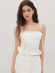 100% Cotton Knotted Ruffle Hem Lace Trim Shirred Cami Top