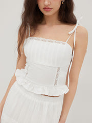 100% Cotton Knotted Ruffle Hem Lace Trim Shirred Cami Top