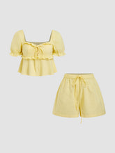 Linen-blend Sweetheart Knotted Lettuce Trim Ruffle Hem Top & Mid Rise Drawstring Shorts Loungewear Set