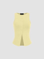 Round Neckline Solid Button Crop Tank Top